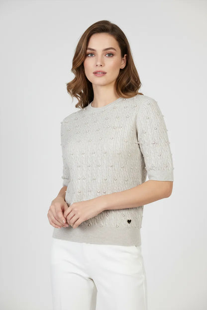 Дамска фина плетена блуза с къс ръкав в екрю – Pearl Knit