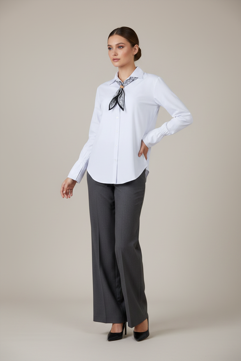 Дамска бяла памучна риза с шалче – White Scarf Shirt