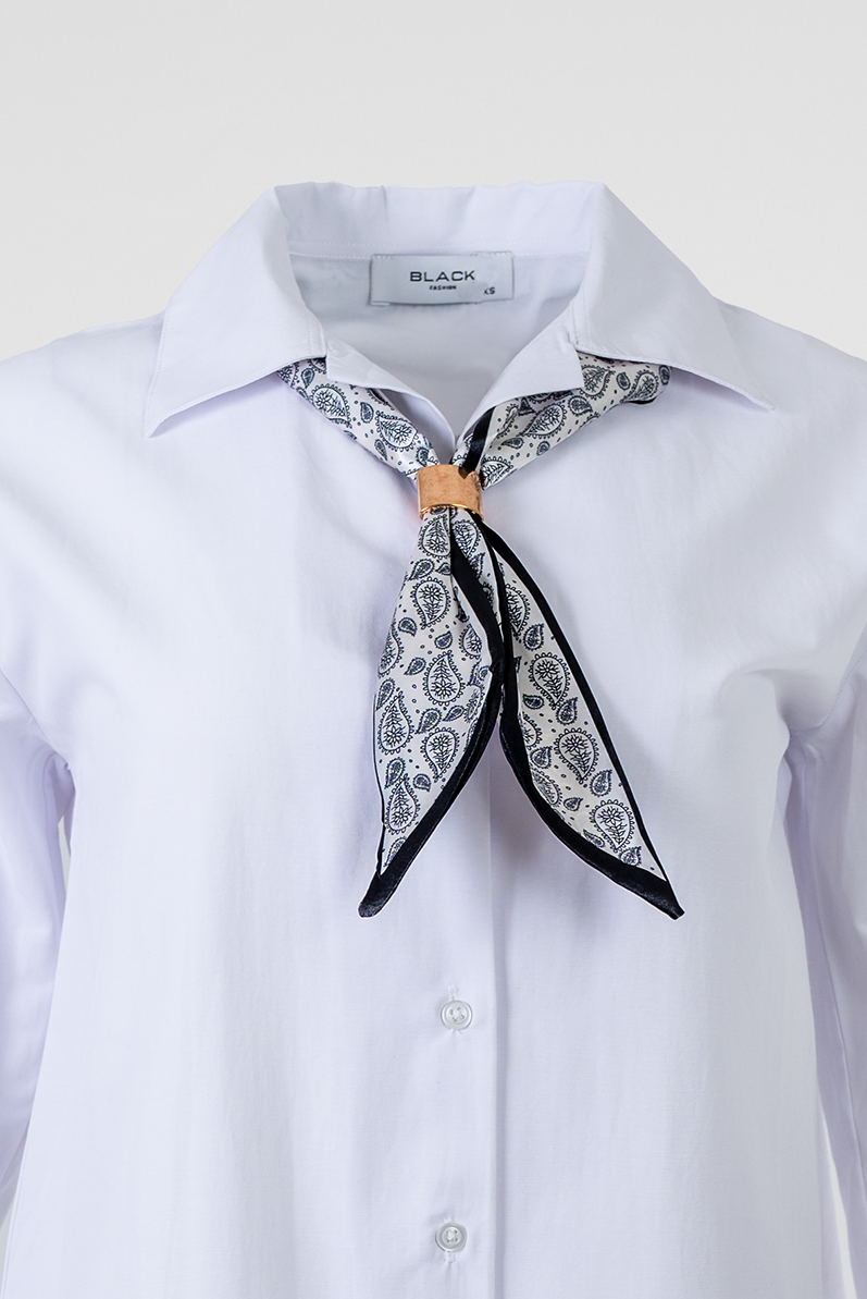 Дамска бяла памучна риза с шалче – White Scarf Shirt