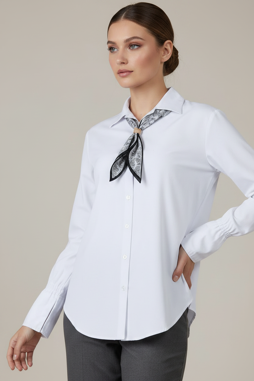 Дамска бяла памучна риза с шалче – White Scarf Shirt