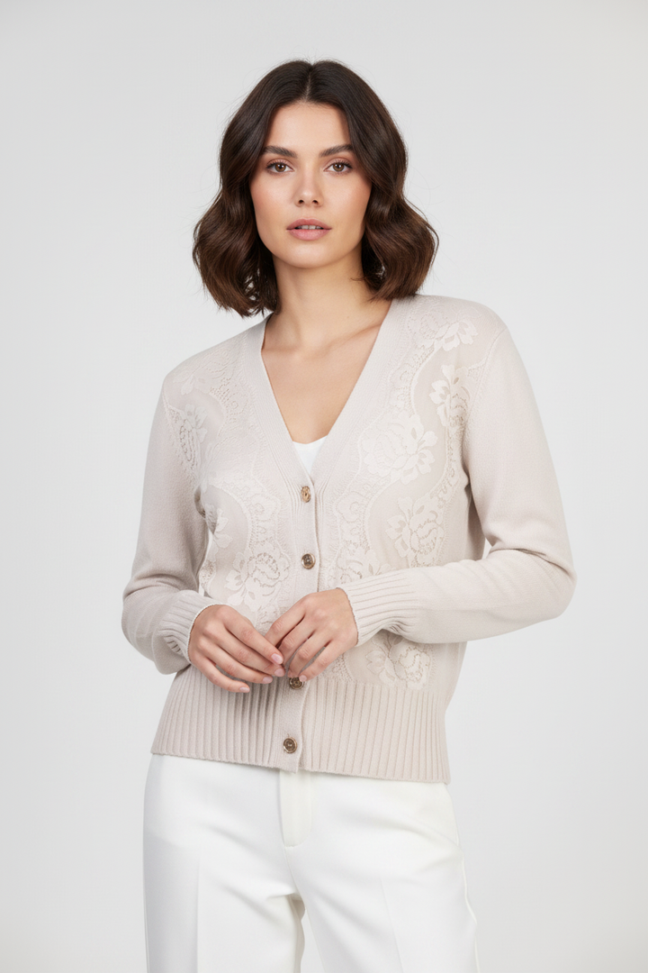 Дамска плетена жилетка в екрю с дантела – Ivory Lace Cardigan