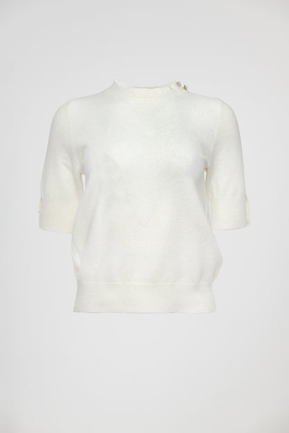 Дамска фина плетена блуза в екрю - Ivory Button Knit