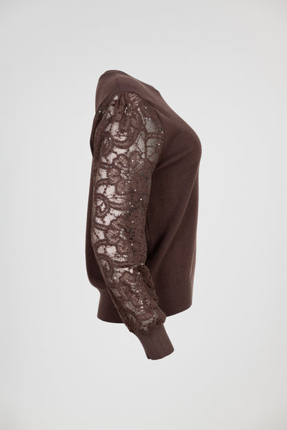 Дамска блуза фино плетиво с дантелени ръкави – Cocoa Lace Knit