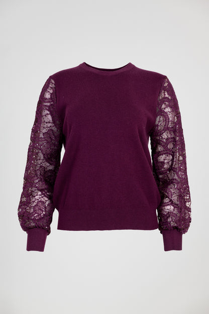 Дамска фино плетена блуза с дантелени ръкави – Burgundy Lace Knit