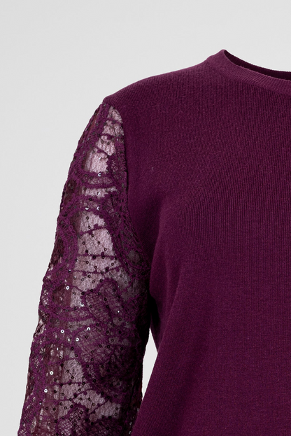 Дамска фино плетена блуза с дантелени ръкави – Burgundy Lace Knit