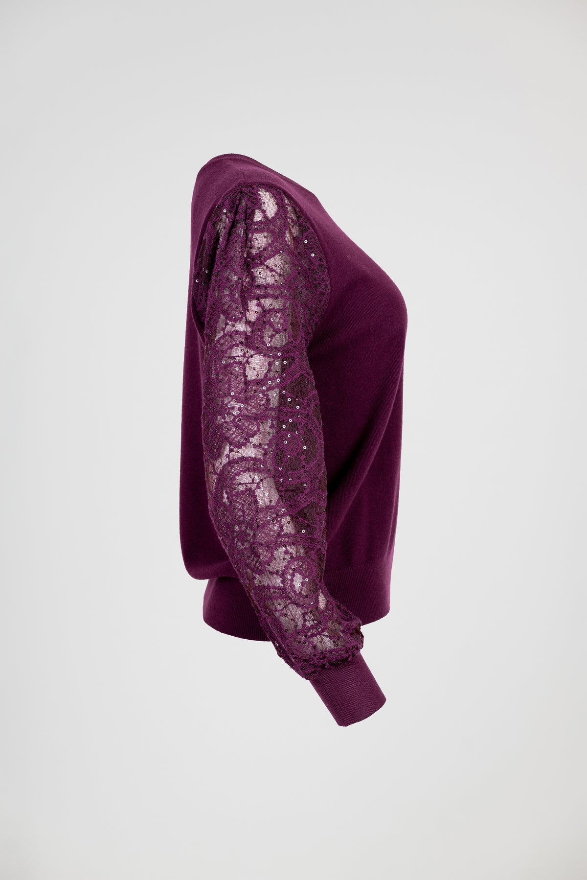 Дамска фино плетена блуза с дантелени ръкави – Burgundy Lace Knit