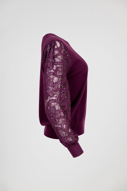 Дамска фино плетена блуза с дантелени ръкави – Burgundy Lace Knit