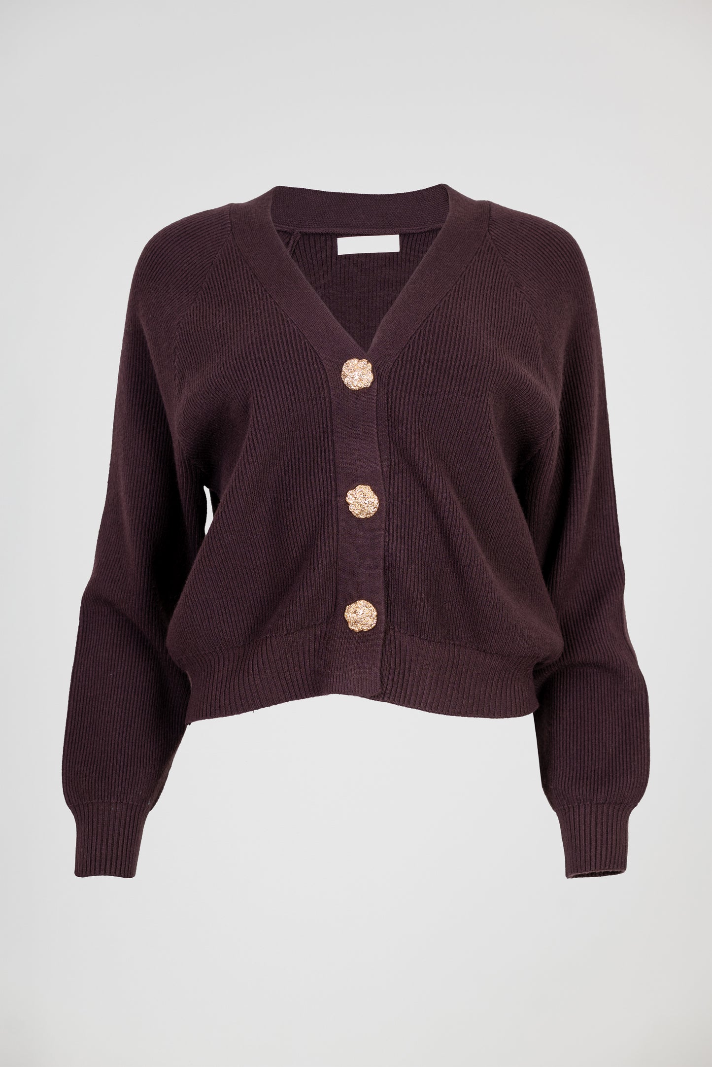 Дамска плетена жилетка в цвят кафе със златисти копчета – Mocha Gold Cardigan