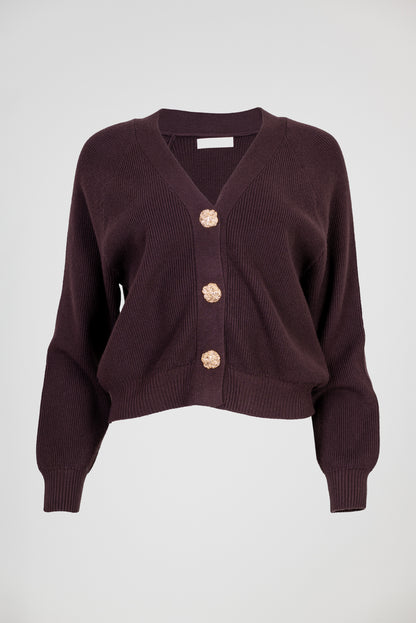 Дамска плетена жилетка в цвят кафе със златисти копчета – Mocha Gold Cardigan