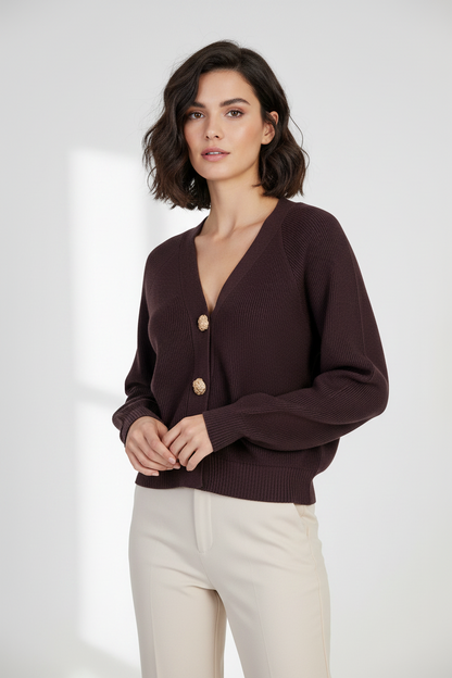 Дамска плетена жилетка в цвят кафе със златисти копчета – Mocha Gold Cardigan