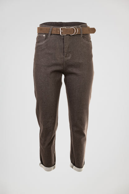 Дамски кафяви дънки -еластични с висока талия – Mocha Straight Denim