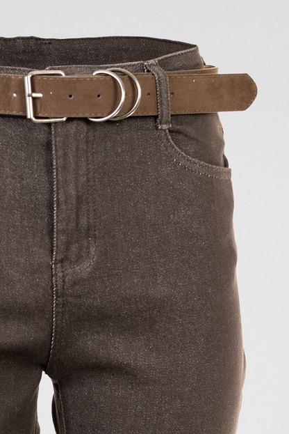 Дамски кафяви дънки -еластични с висока талия – Mocha Straight Denim