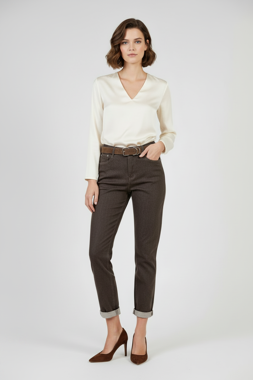 Дамски кафяви дънки -еластични с висока талия – Mocha Straight Denim