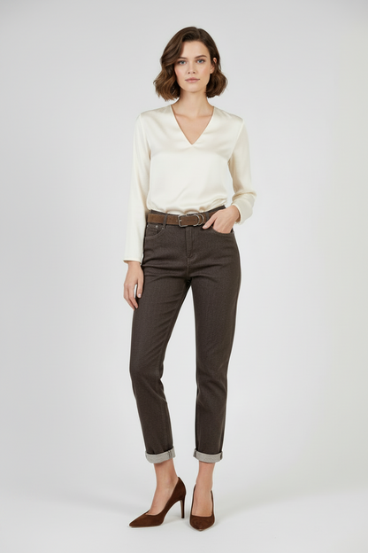 Дамски кафяви дънки -еластични с висока талия – Mocha Straight Denim