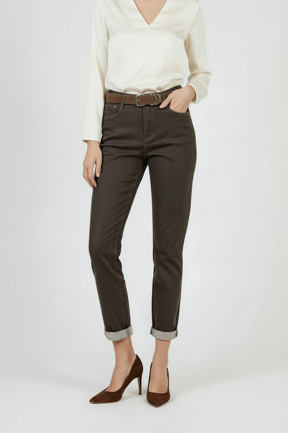 Дамски кафяви дънки -еластични с висока талия – Mocha Straight Denim