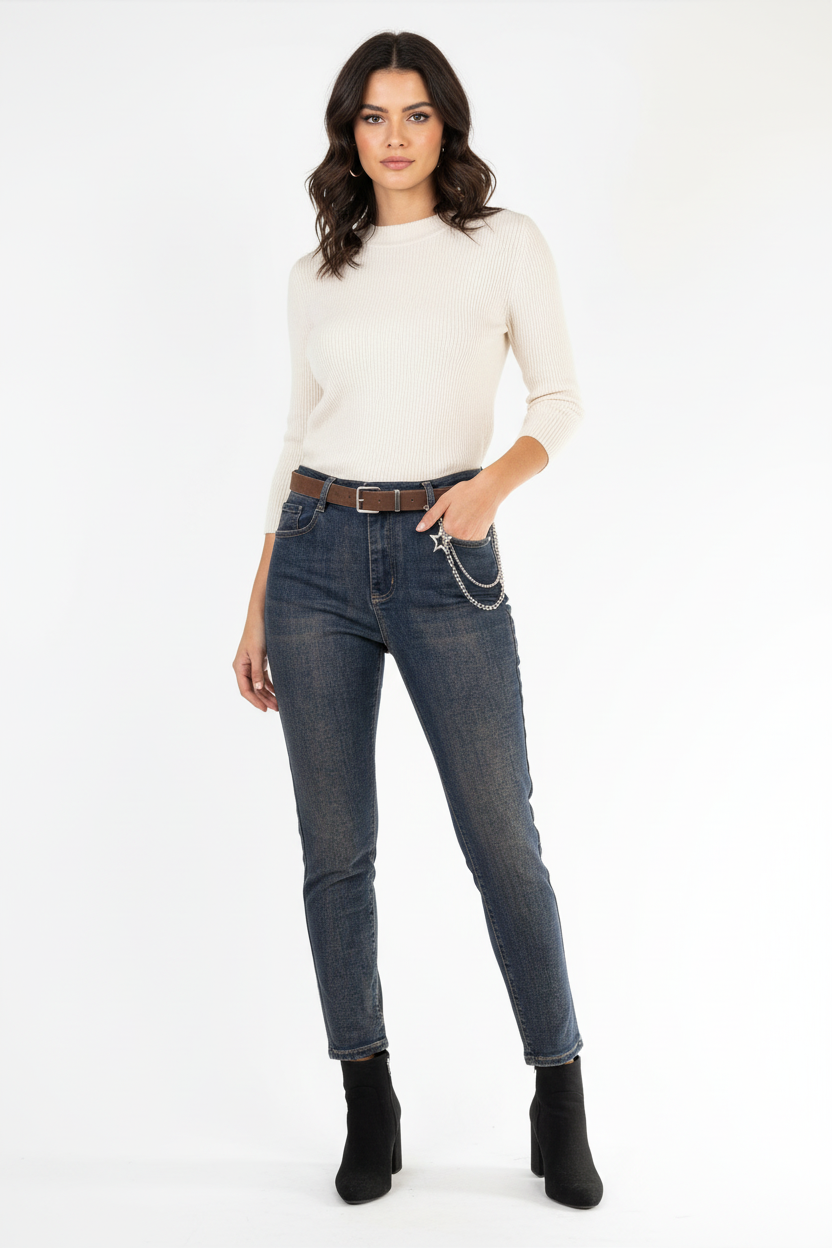 Дамски дънки с висока талия и ръждив ефект – Urban Chain Denim
