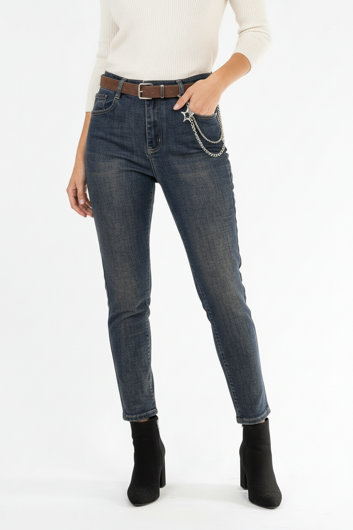 Дамски дънки с висока талия и ръждив ефект – Urban Chain Denim