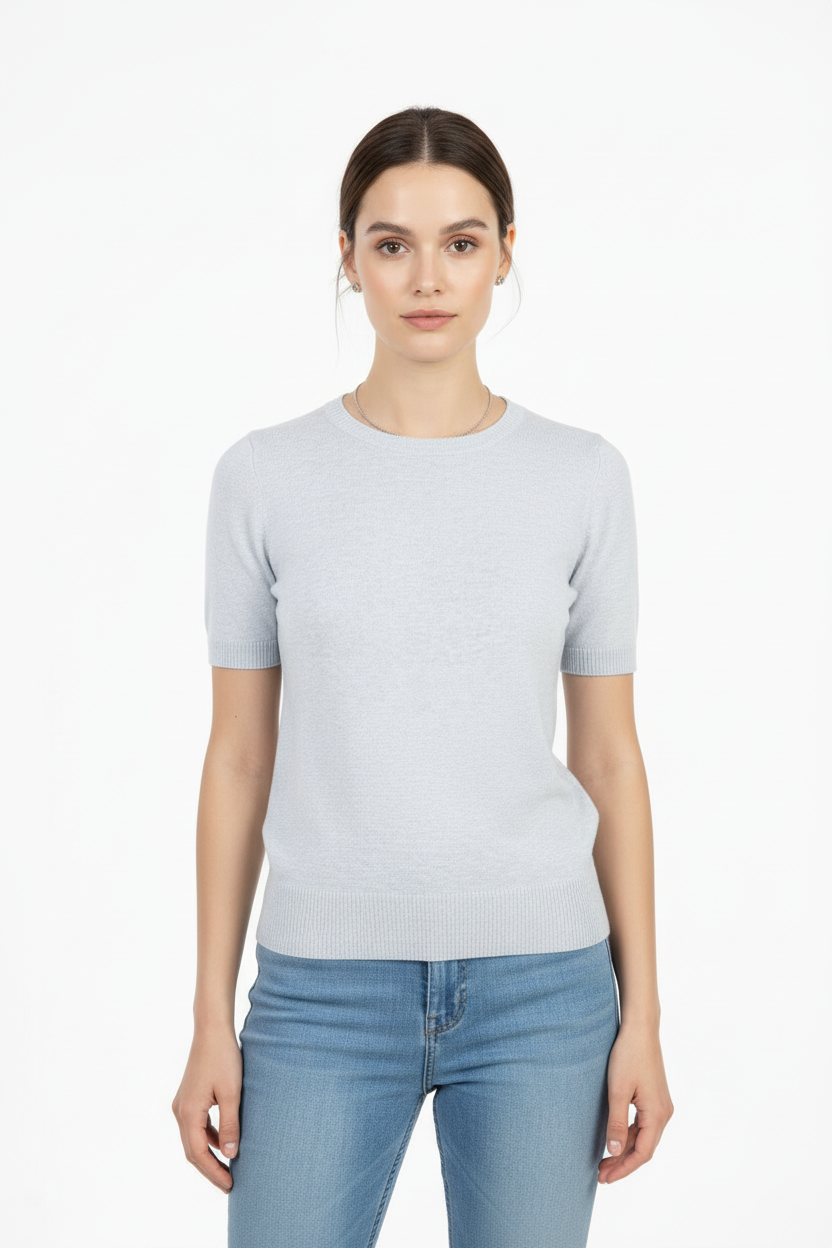 Дамска блуза фино плетиво с къс ръкав – Soft Grey Knit