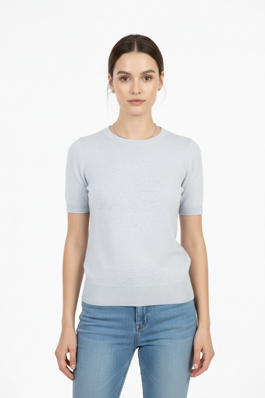 Дамска блуза фино плетиво с къс ръкав – Soft Grey Knit