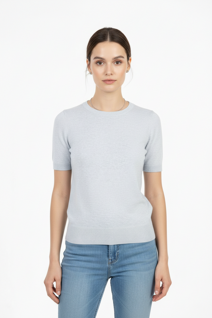 Дамска блуза фино плетиво с къс ръкав – Soft Grey Knit