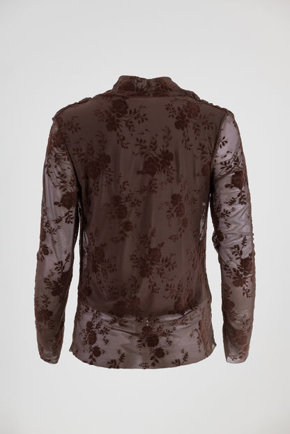 Дамска кафява блуза с флорален десен и гръцко деколте – Cocoa Floral Mesh