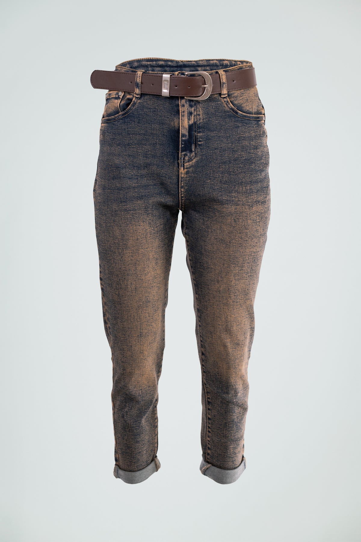 Дамски дънки с винтидж ръждив ефект и колан – Bronze Wash Denim