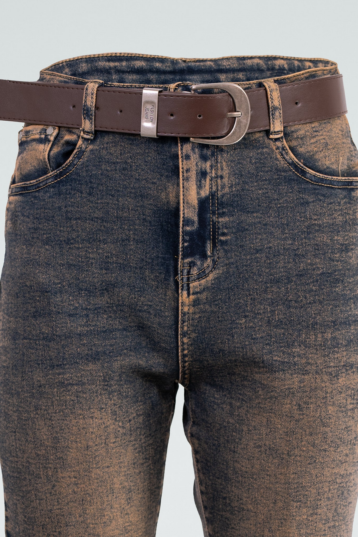 Дамски дънки с винтидж ръждив ефект и колан – Bronze Wash Denim