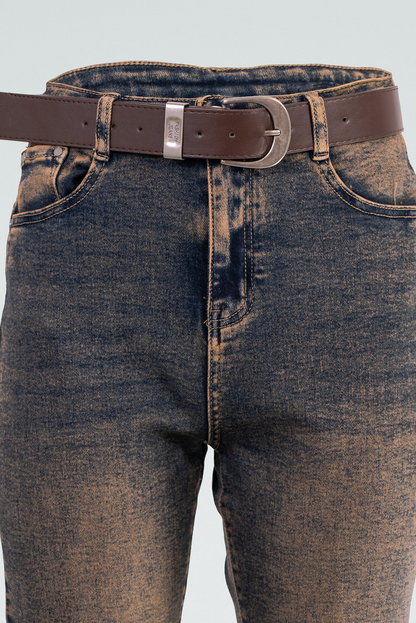 Дамски дънки с винтидж ръждив ефект и колан – Bronze Wash Denim