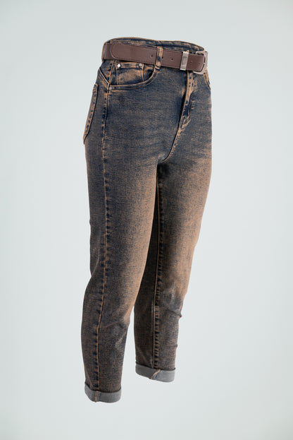 Дамски дънки с винтидж ръждив ефект и колан – Bronze Wash Denim