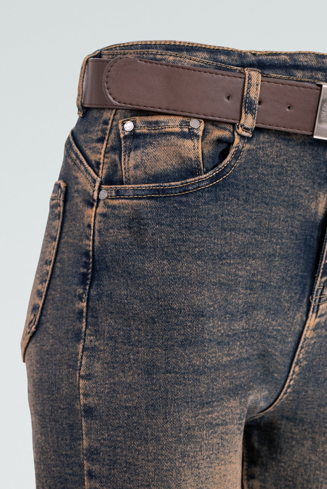 Дамски дънки с винтидж ръждив ефект и колан – Bronze Wash Denim
