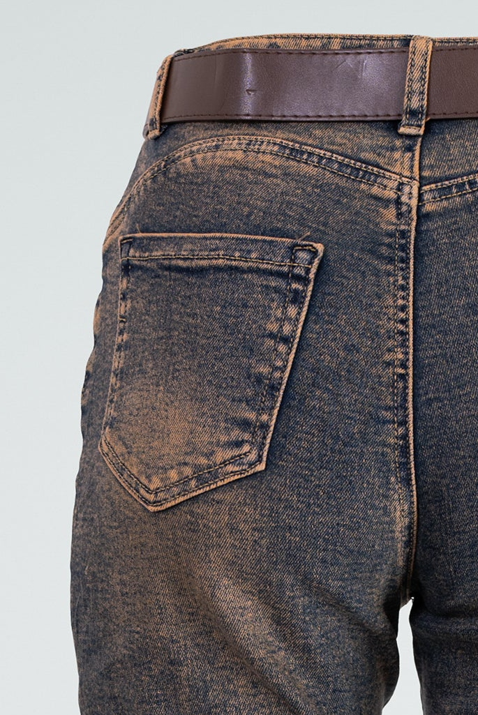 Дамски дънки с винтидж ръждив ефект и колан – Bronze Wash Denim