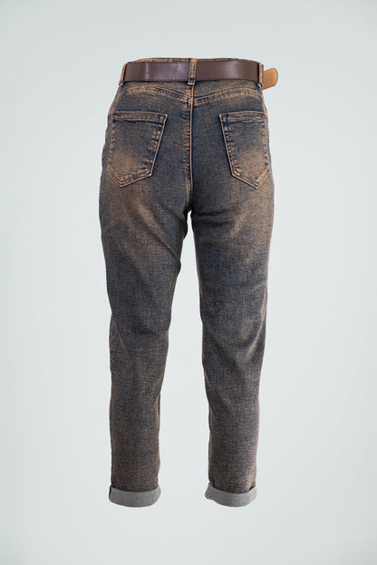Дамски дънки с винтидж ръждив ефект и колан – Bronze Wash Denim