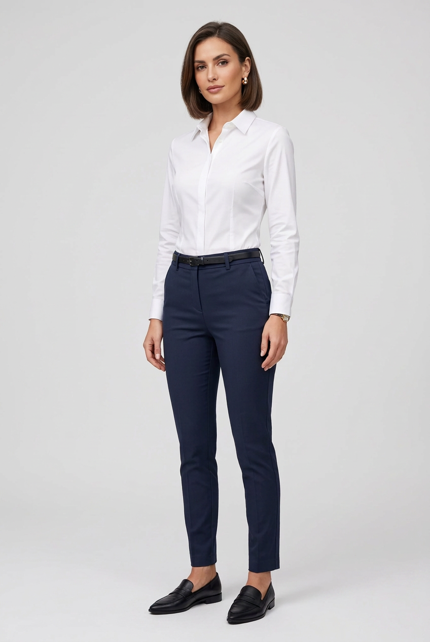 Дамски тъмносин панталон с права кройка и висока талия – Navy Tailored Pants