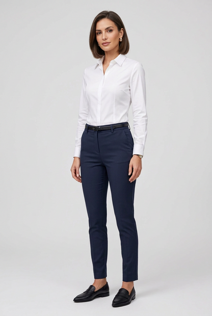 Дамски тъмносин панталон с права кройка и висока талия – Navy Tailored Pants