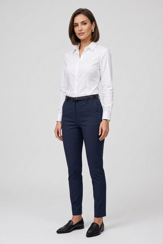 Дамски тъмносин панталон с права кройка и висока талия – Navy Tailored Pants