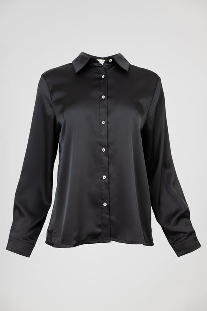 Дамска сатенена риза в черно – Black Satin Elegance