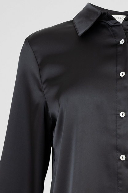 Дамска сатенена риза в черно – Black Satin Elegance