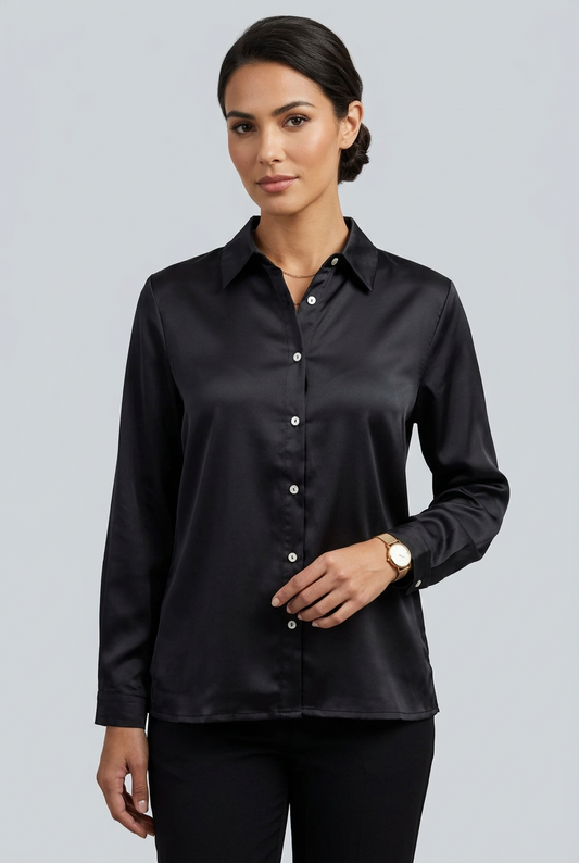 Дамска сатенена риза в черно – Black Satin Elegance