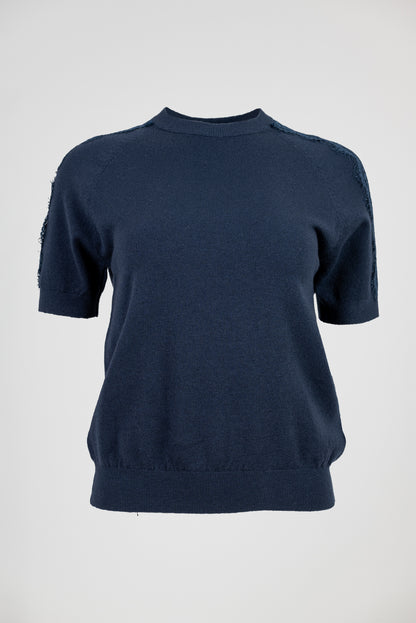 Дамска блуза фино плетиво с дантела на раменете – Navy Lace Knit