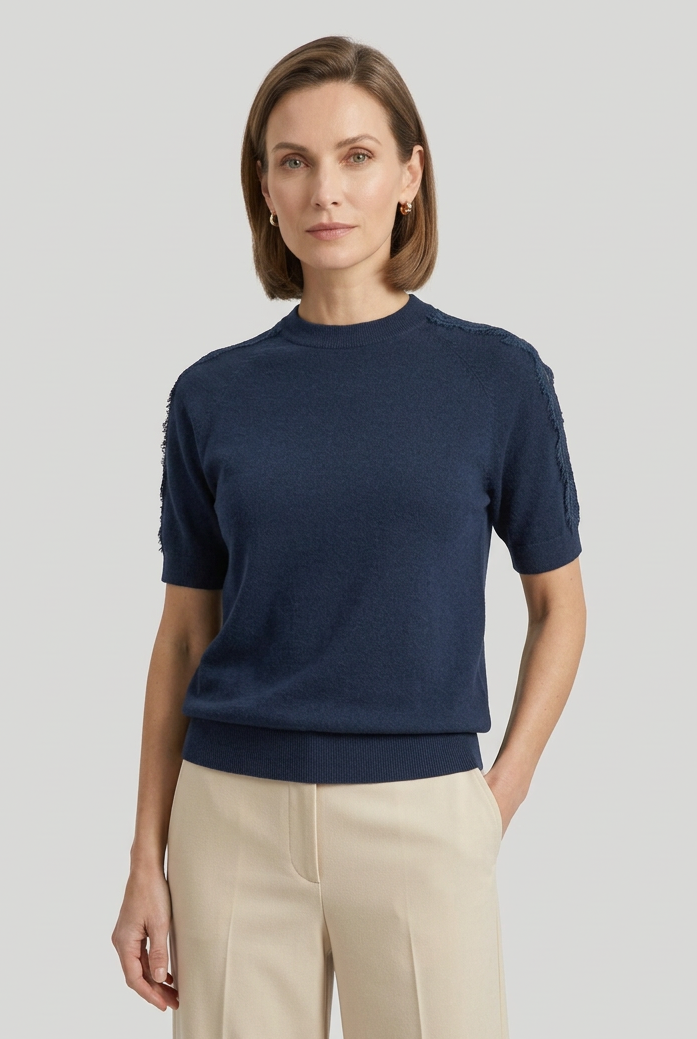 Дамска блуза фино плетиво с дантела на раменете – Navy Lace Knit