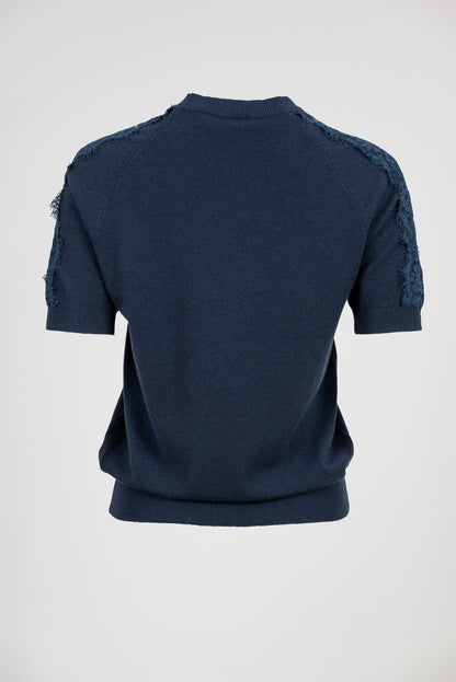 Дамска блуза фино плетиво с дантела на раменете – Navy Lace Knit