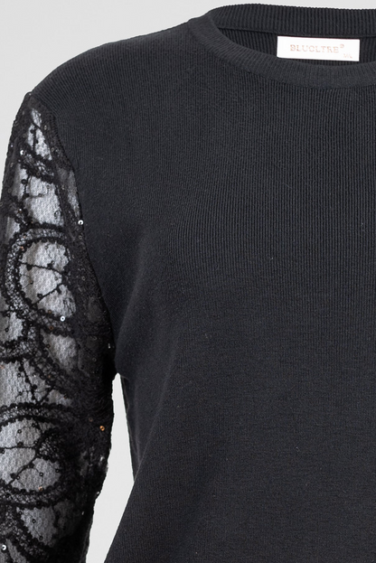 Дамска фино плетена блуза с дантелени ръкави – Black Lace Knit