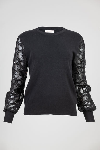 Дамска фино плетена блуза с дантелени ръкави – Black Lace Knit