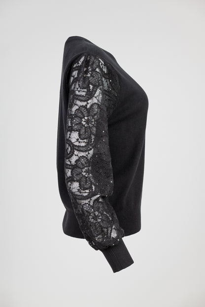 Дамска фино плетена блуза с дантелени ръкави – Black Lace Knit