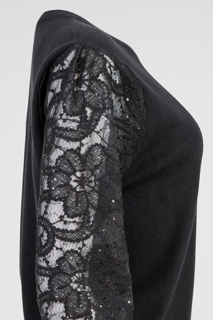 Дамска фино плетена блуза с дантелени ръкави – Black Lace Knit