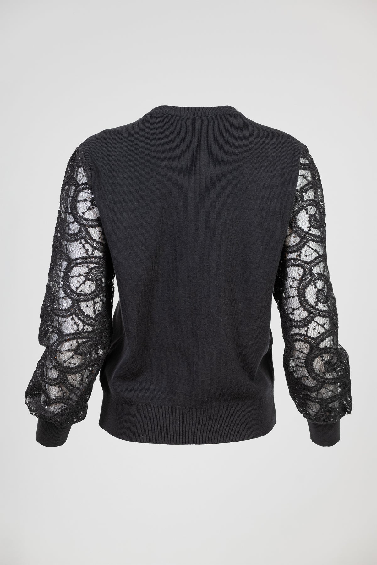 Дамска фино плетена блуза с дантелени ръкави – Black Lace Knit