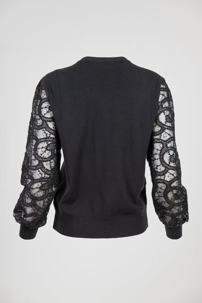 Дамска фино плетена блуза с дантелени ръкави – Black Lace Knit