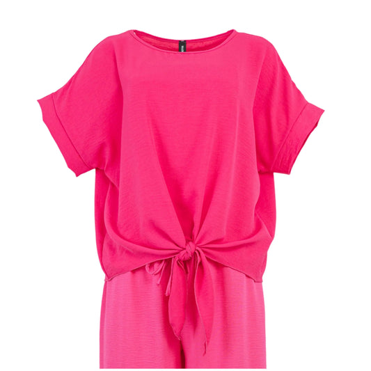 Дамска лятна блуза Fuchsia Whirl с връзка и boat деколте – 6sense.bg

