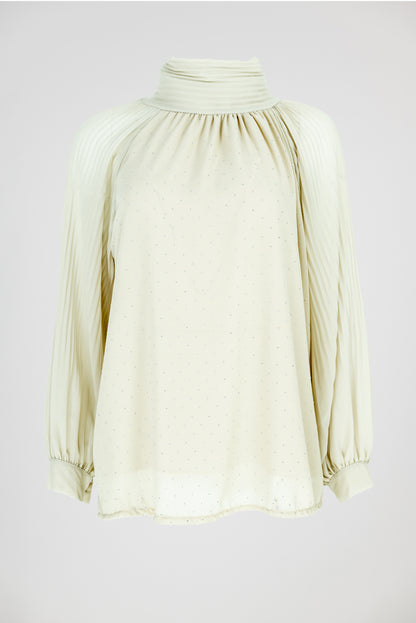 Дамска офис визия блуза с висока яка и панталон с висока талия - Cream Caramel