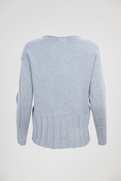 Дамски фин пуловер в светлосив меланж с рипсен подгъв - Soft Line